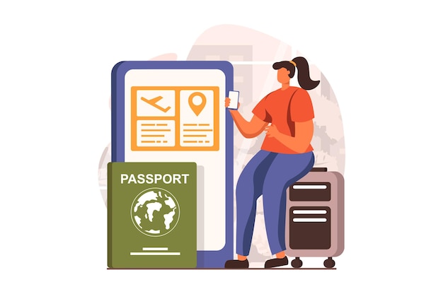 フラットなデザインの旅行ウェブコンセプト荷物を持った女性が旅行に行き、航空券を予約する