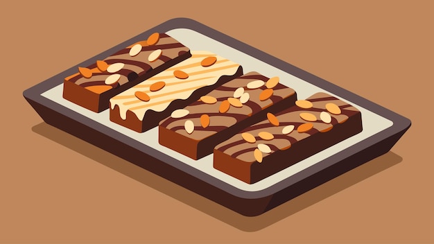 Vector a tray of nobake oat and honey bars topped with a drizzle of dark chocolate and sliced almonds