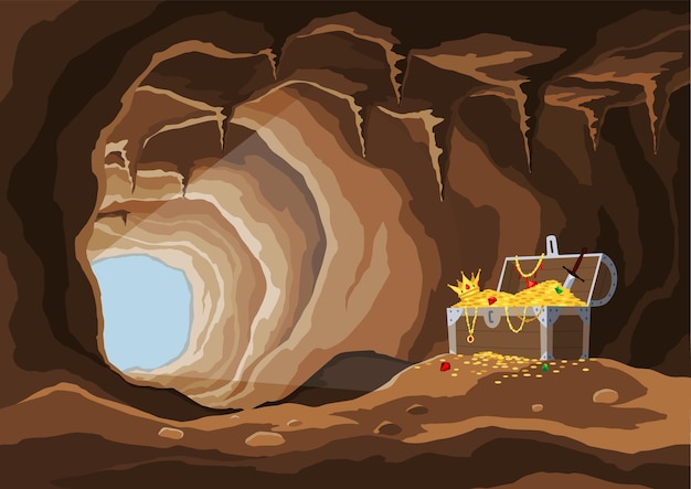 Vettore grotta del tesoro con cristalli concept art per il gioco per computer cassa piena di mucchio di monete d'oro gioielli e gemme scena vettoriale del tesoro dei pirati dei cartoni animati
