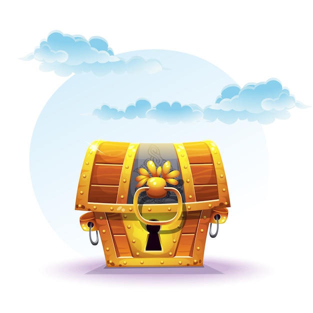 Vector treasure chest on a background of clouds