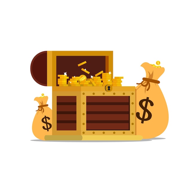 Treasure chest full stack of gold coin and sack of gold Vector flat illustration isolated on white background