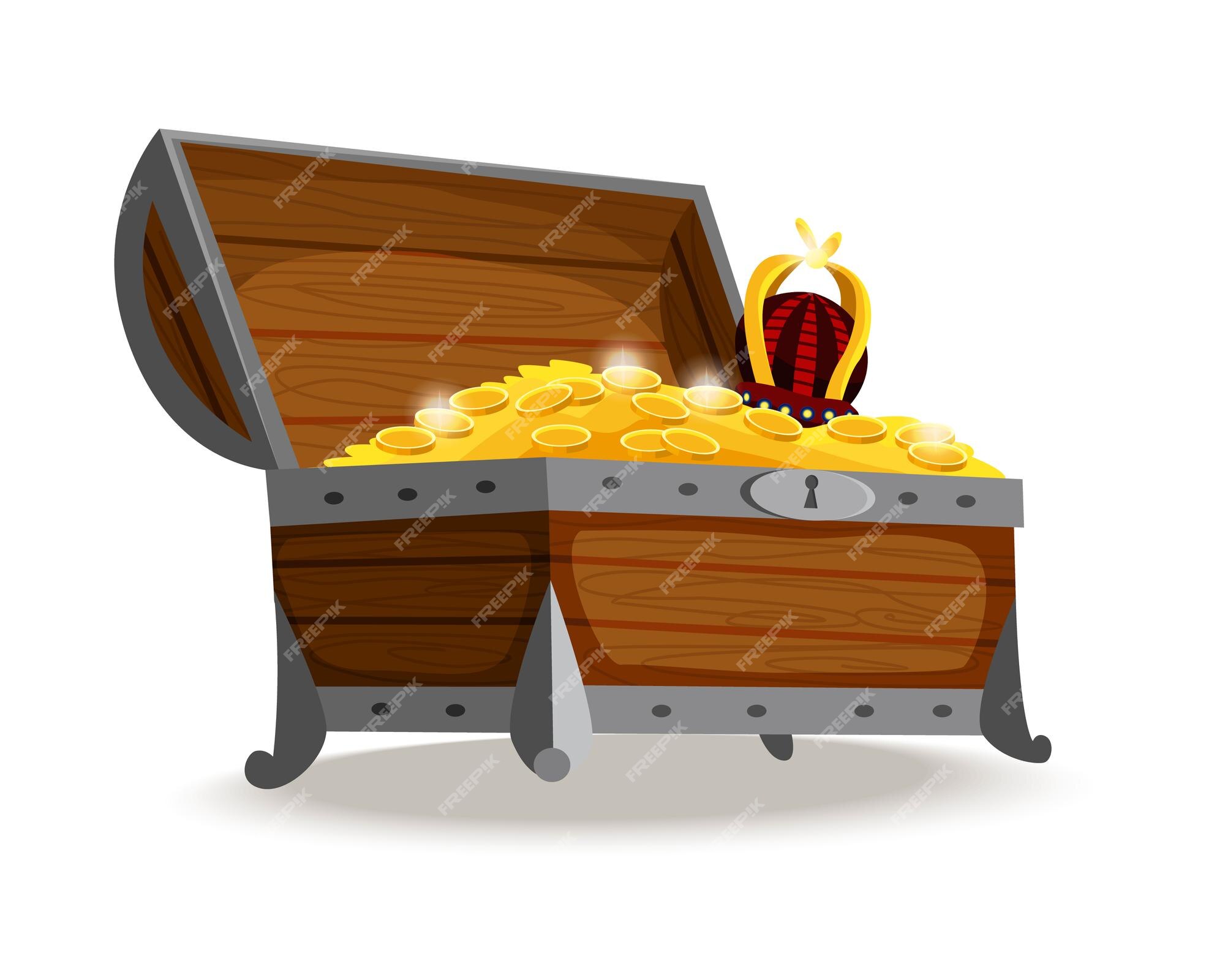 Open wooden chest full with gold coins Royalty Free Vector