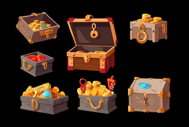 Vector treasure chest open with gold coins locked with chain and padlock and keyisolated on background cartoon vector illustration