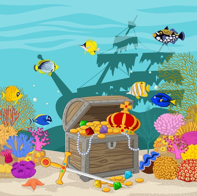 Treasure chest in underwater background