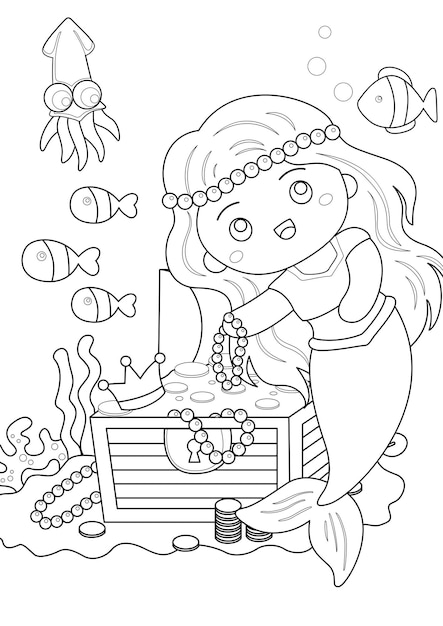 Treasure hunt mermaid coloring for kids and adult