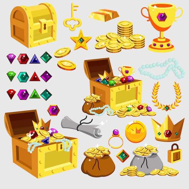 Vector treasure icons golds gems sketch modern 3d sketch