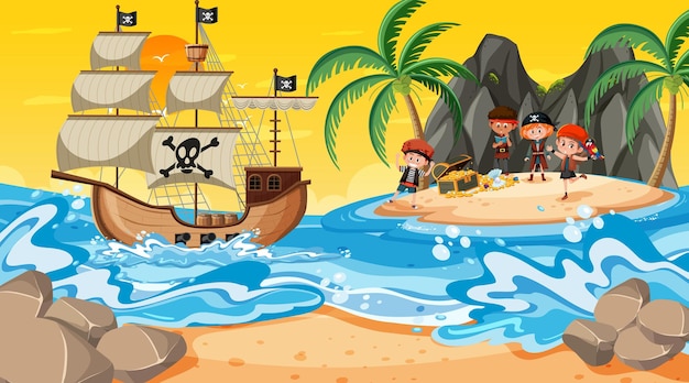 Treasure island-scène bij zonsondergang met pirate-kinderen