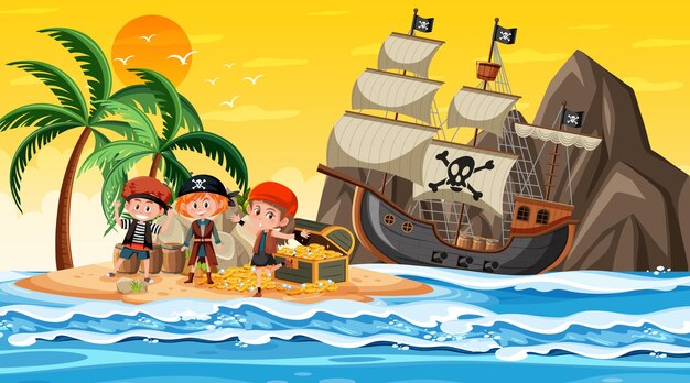 Treasure Island-scène bij zonsondergang met Pirate-kinderen