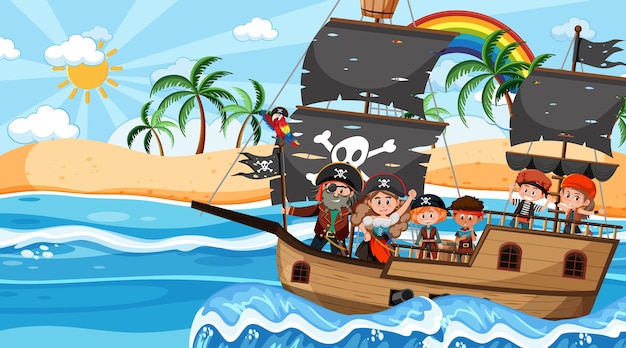 Vector treasure island scene at daytime with pirate kids on the ship