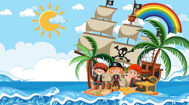 Treasure Island scene at daytime with Pirate kids