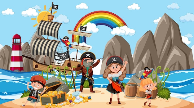 Scena dell'isola del tesoro di giorno con i bambini dei pirati