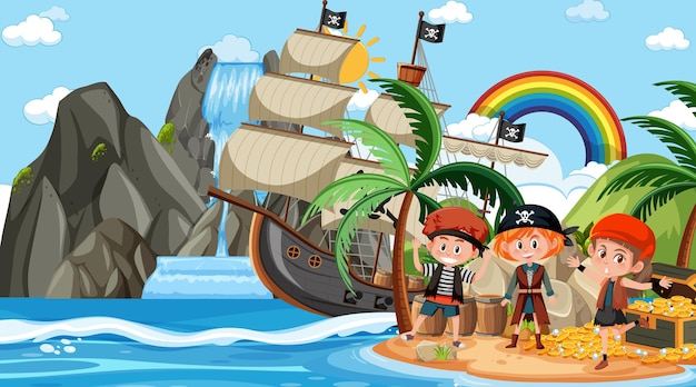 Treasure island scene at daytime with pirate kids