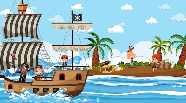 Treasure island scene at daytime with pirate kids