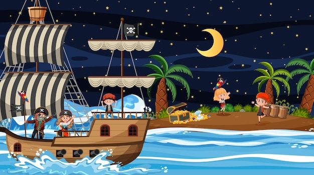 Scena dell'isola del tesoro di notte con i bambini dei pirati sulla nave