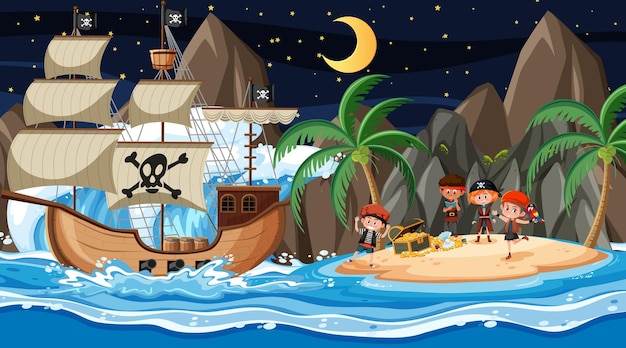 Scena dell'isola del tesoro di notte con i bambini dei pirati sulla nave