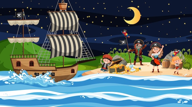 Scena dell'isola del tesoro di notte con i bambini dei pirati