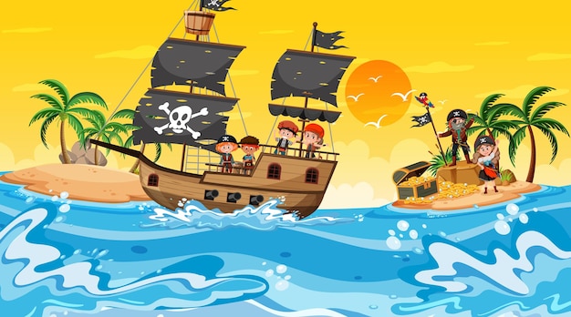 Vector treasure island scene at sunset time with pirate kids on the ship