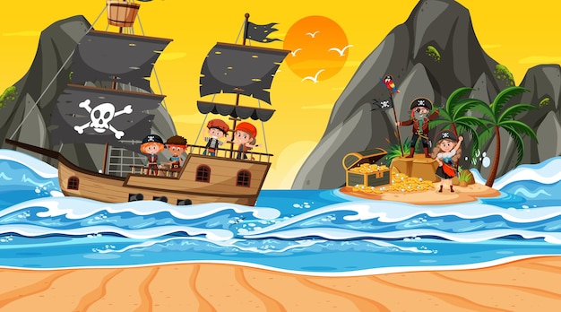 Treasure island scene at sunset time with pirate kids