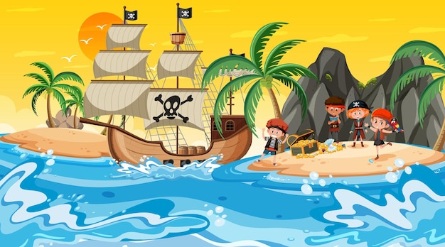 Treasure island scene at sunset time with pirate kids