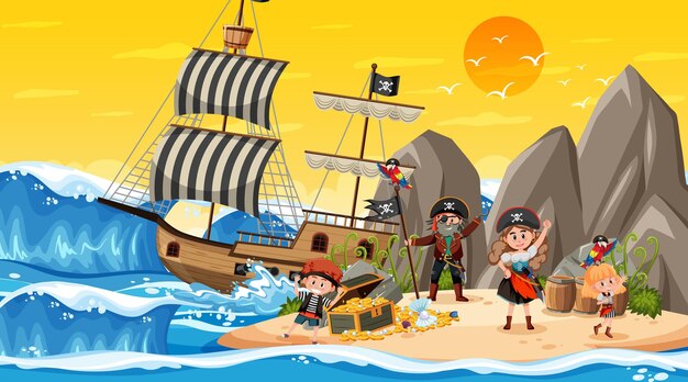 Treasure island scene at sunset time with pirate kids