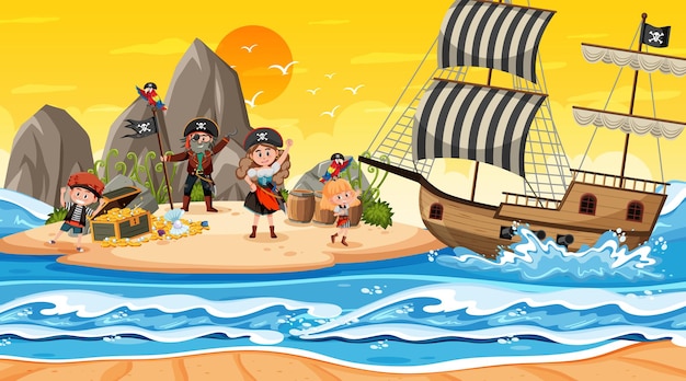 Treasure Island scene at sunset time with Pirate kids