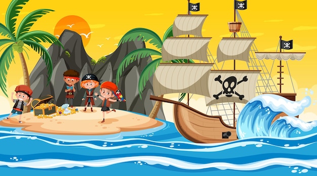 Scena dell'isola del tesoro al tramonto con i bambini dei pirati