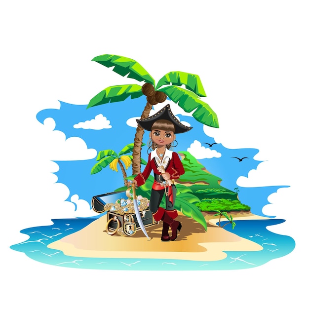 Vector treasure island with pirate girl