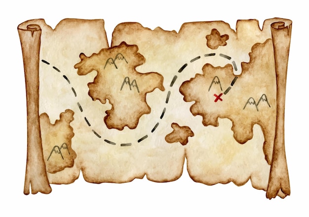 Illustrazione del cartone animato della mappa del tesoro vecchia mappa dei pirati ingiallita cipart acquerello isolato su sfondo bianco illustartion per bambini
