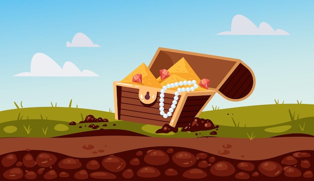 Vector treasure pirate chest antique landscape concept flat graphic design illustration