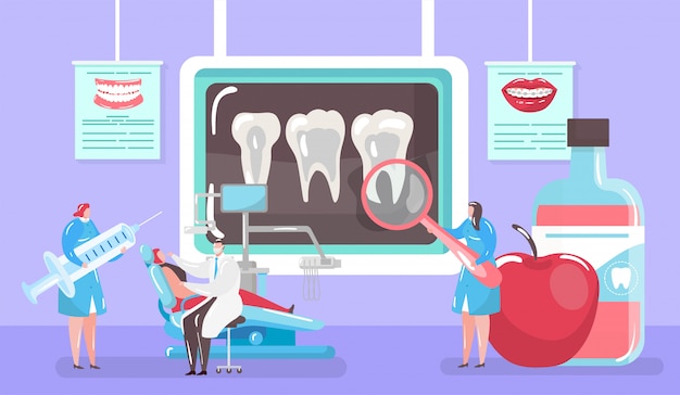 Trattamento del concetto di carie, dente dei raggi x e cura medica dal dentista e patinet nella mini illustrazione del fumetto della gente della sedia dentaria.