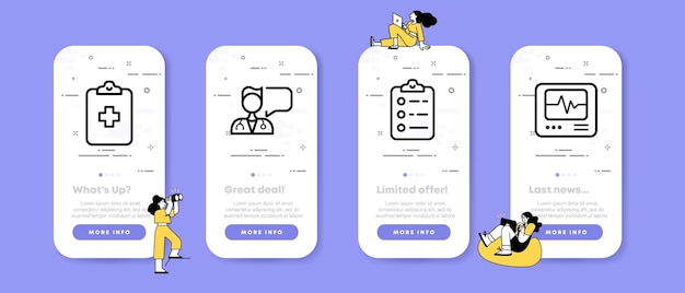 벡터 병원 설정 아이콘 의사 클립보드 처방 의료 기록 제품 건강 관리 개념 ui 전화 앱 화면 비즈니스 및 광고에 대 한 사람들 벡터 라인 아이콘에서 치료