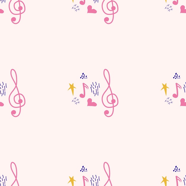 Treble clef notes heart stars abstract elements seamless pattern in pink blue pastel colors Music backdrop