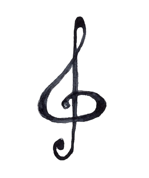 Treble clef watercolor hand drawn black and white music illustration isolated on white background