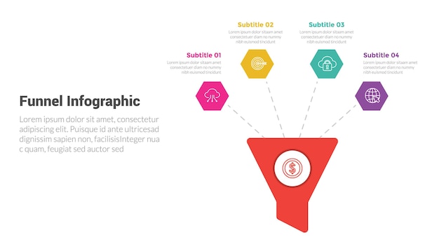Trechtervorm infographics sjabloondiagram met honingraat bovenop de trechter en 4-puntsstap creatief ontwerp voor diapresentatievector