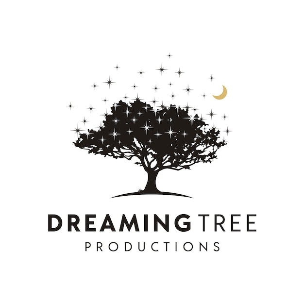 Дерево ночью силуэт со звездами и дизайн логотипа полумесяца
