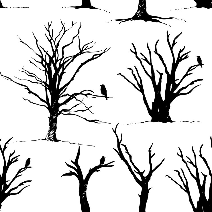 Vector tree and bird raven silhouette pattern hand drawn vector illustration