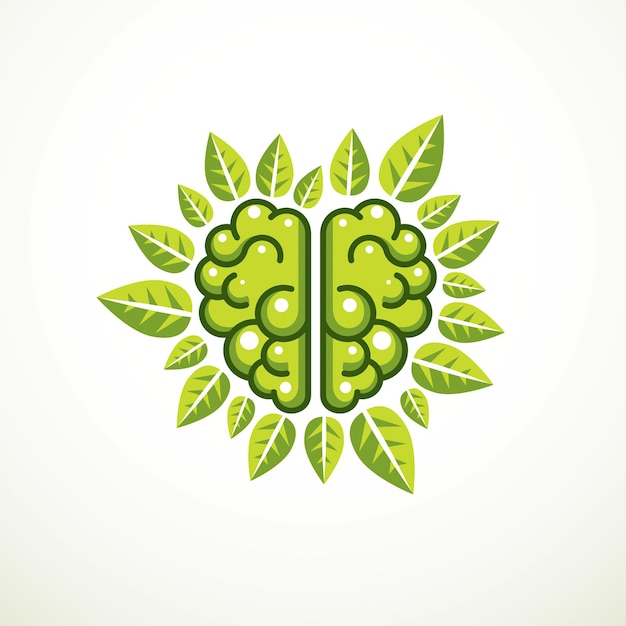 Tree brain concept, the wisdom of nature, intelligent evolution. human anatomical brain in a shape of tree with green leaves. brain feeding with diet products. vector logo or icon design.