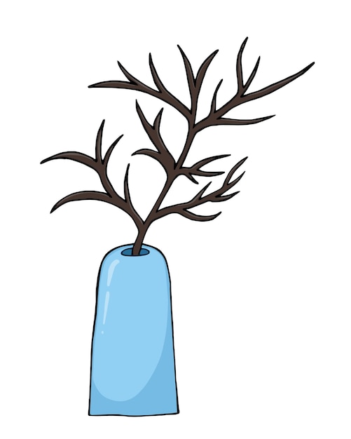 Tree branch in tall vase plant home decor doodle linear cartoon