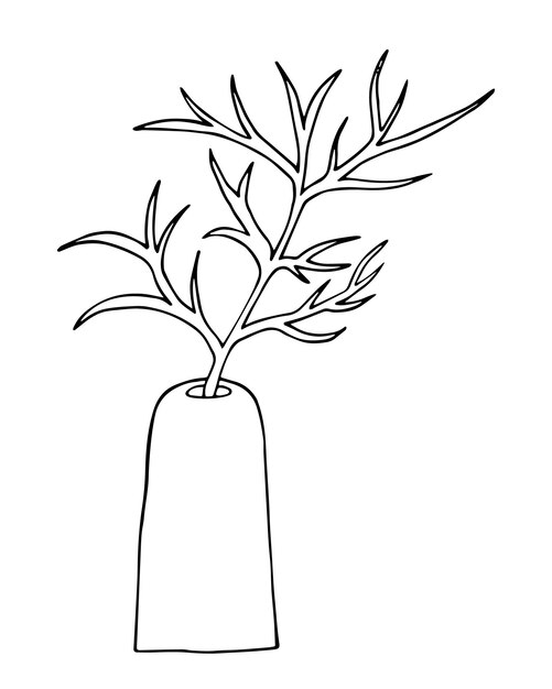 Tree branch in tall vase plant home decor doodle linear cartoon