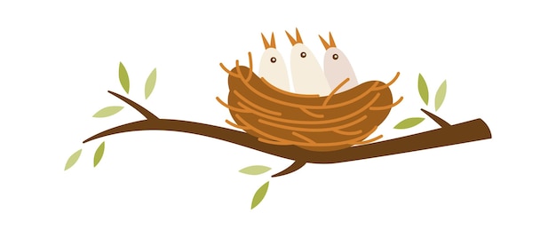 Vector tree branch with bird nest with chicks inside flat icon