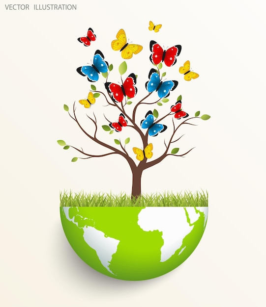 Vettore albero e farfalle sul globo il concetto di ecologia per salvare il pianeta disegno creativo