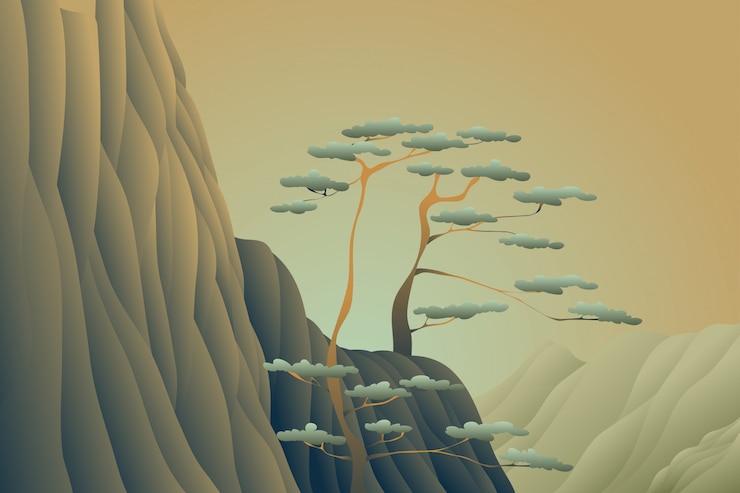 Vector tree cliff sunset landscape background