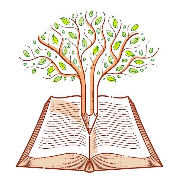 Tree combined with pencil over open vintage book education or science knowledge concept, educational or scientific literature library vector logo or emblem.