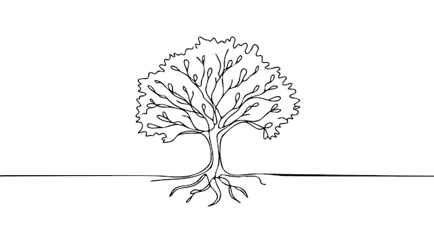 Vector tree in continuous line art drawing style giant and powerful tree black linear design isolated on white background