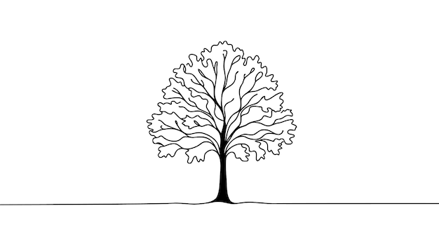 Vettore albero in stile di disegno artistico a linea continua albero gigante e potente disegno lineare nero isolato su sfondo bianco