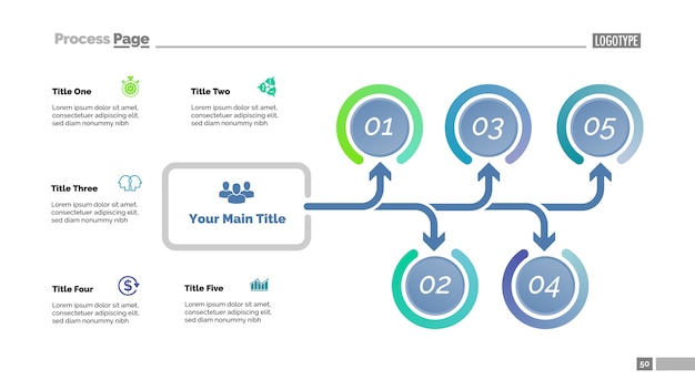 Tree diagram with five options. process chart, arrow diagram, slide template.