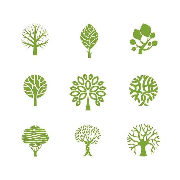 Tree emblems elements Eco bio lumber design items trees strength nature concepts green timber images Vector wood tree and nature emblem illustration