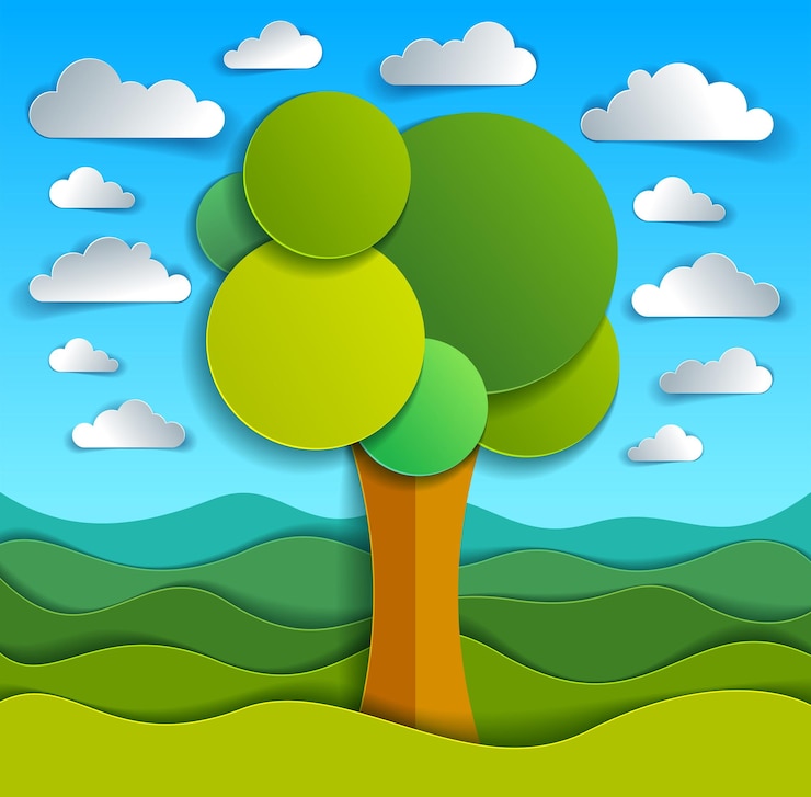 Vector tree in the field scenic nature landscape cartoon modern style paper cut vector illustration.