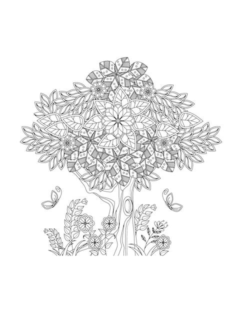 Tree in a flower leaves zentangle arts for kids and adult coloring page and coloring book