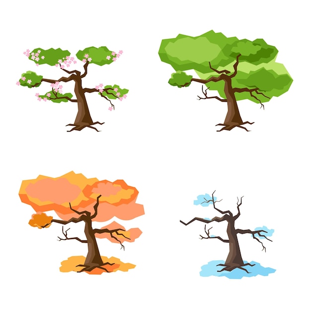 Tree in four seasons  spring summer autumn winter isolated on white background set of trees